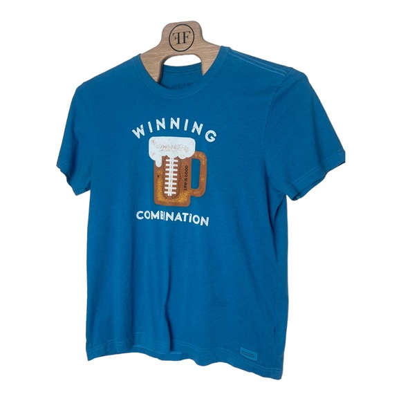 Life is Good Mens Large Teal Blue Football & Beer Crusher T-Shirt - Picture 2 of 5